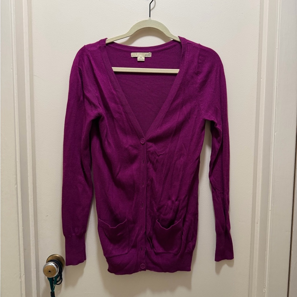 Women's Magenta V-Neck Button Cardigan Sweater